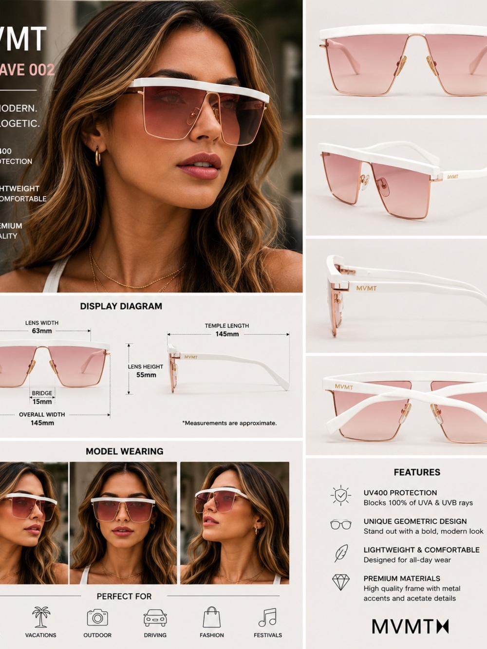 MVMT NU WAVE 002 White Geometric Shield Sunglasses Rose Gold Pink Gradient Lens
